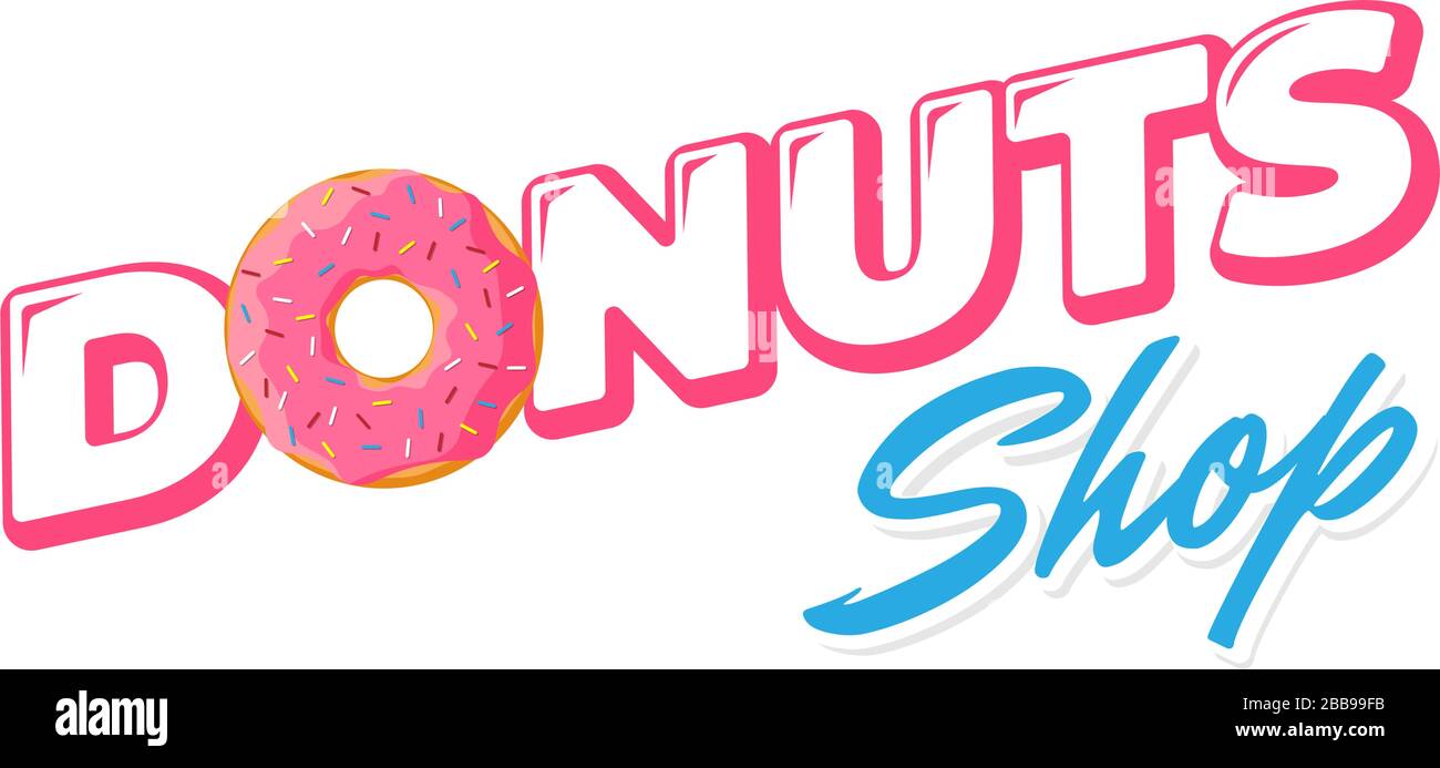 Cartoon bunte leckere Donut frische Backwaren Emblem Design. Verglaste Donut Draufsicht und Beschriftung für Konditorei Firmenidentität oder Café Menü Design. Vektor-isolierte flache eps-Abbildung Stock Vektor