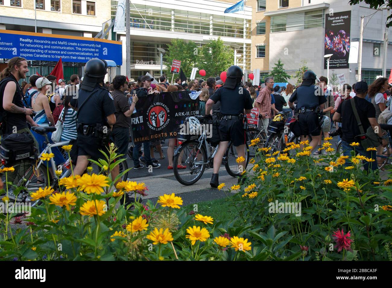 Die Polizei benutzte Fahrräder, um Tausende von Aktivisten zu kontrollieren, die in einem Protest vor der entlang der University Avenue marschierten Stockfoto