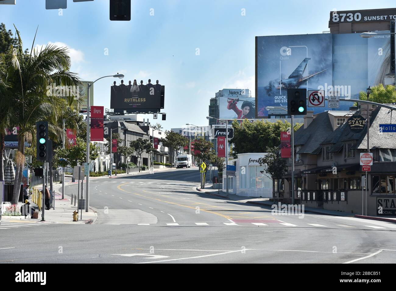 Sunset Blvd, leer während der Covid-19-Pandemie. Los Angeles, Kalifornien Stockfoto