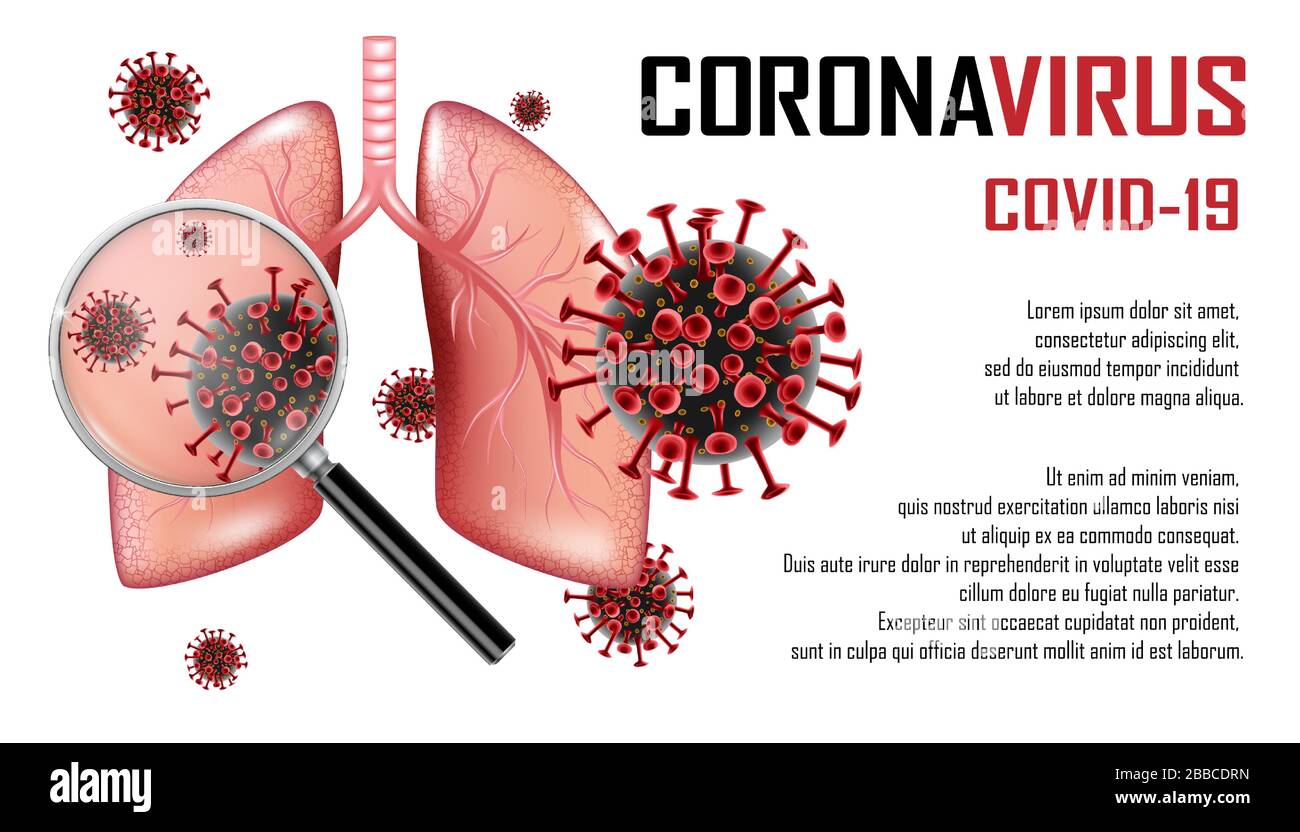 Coronavirus 2019-ncov-Ausbruch. Coronavirus Bannerdesign mit infizierten Lungen und Lupe. Atemwegserkrankungen. Vektor Stock Vektor