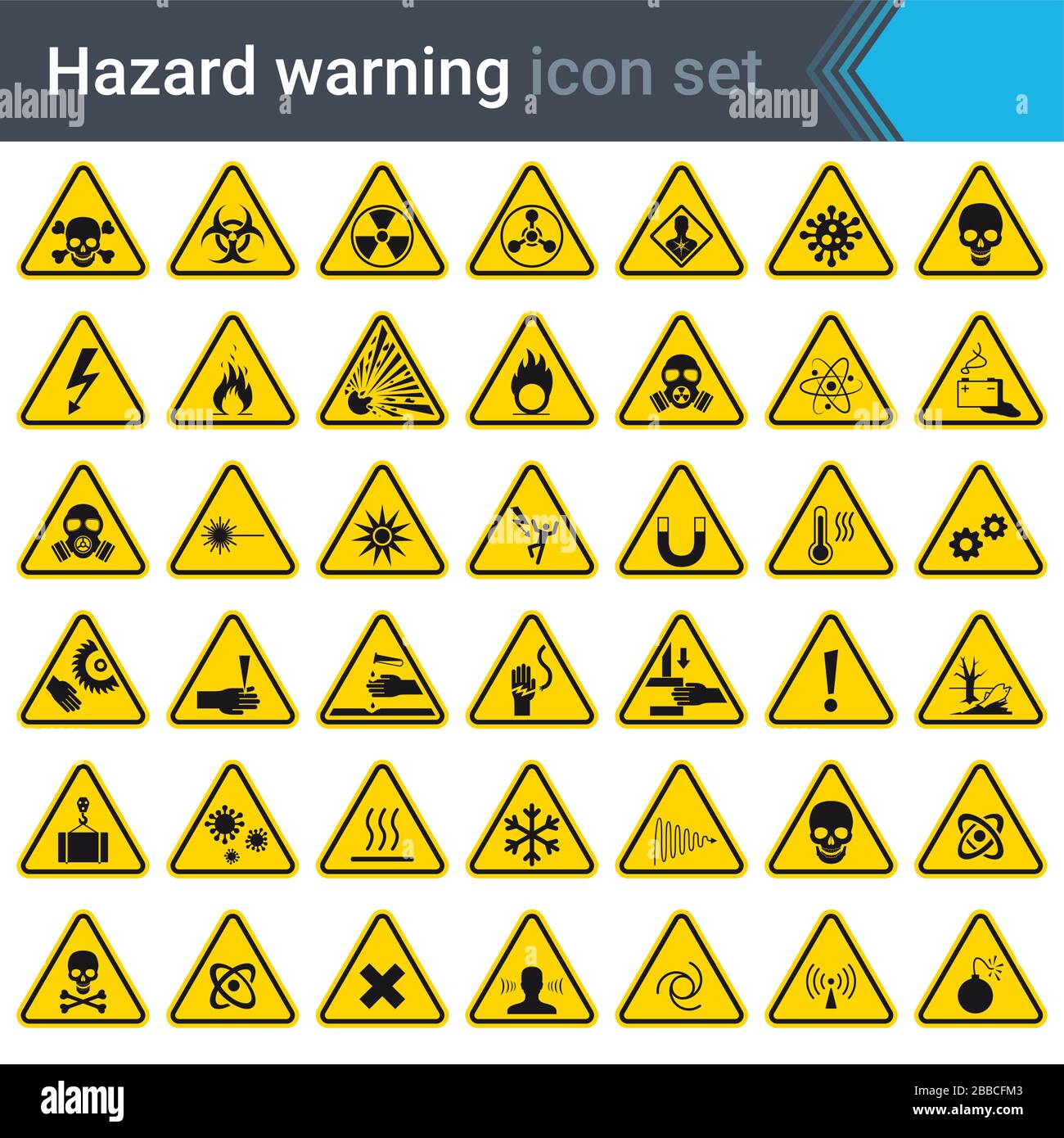 Warnhinweise auf gelben Dreiecken. Schilder, die auf Gefahr hinweisen. 42 hochwertige Gefahrensymbole und -Elemente. Gefahrensymbole. Vektor. Stock Vektor