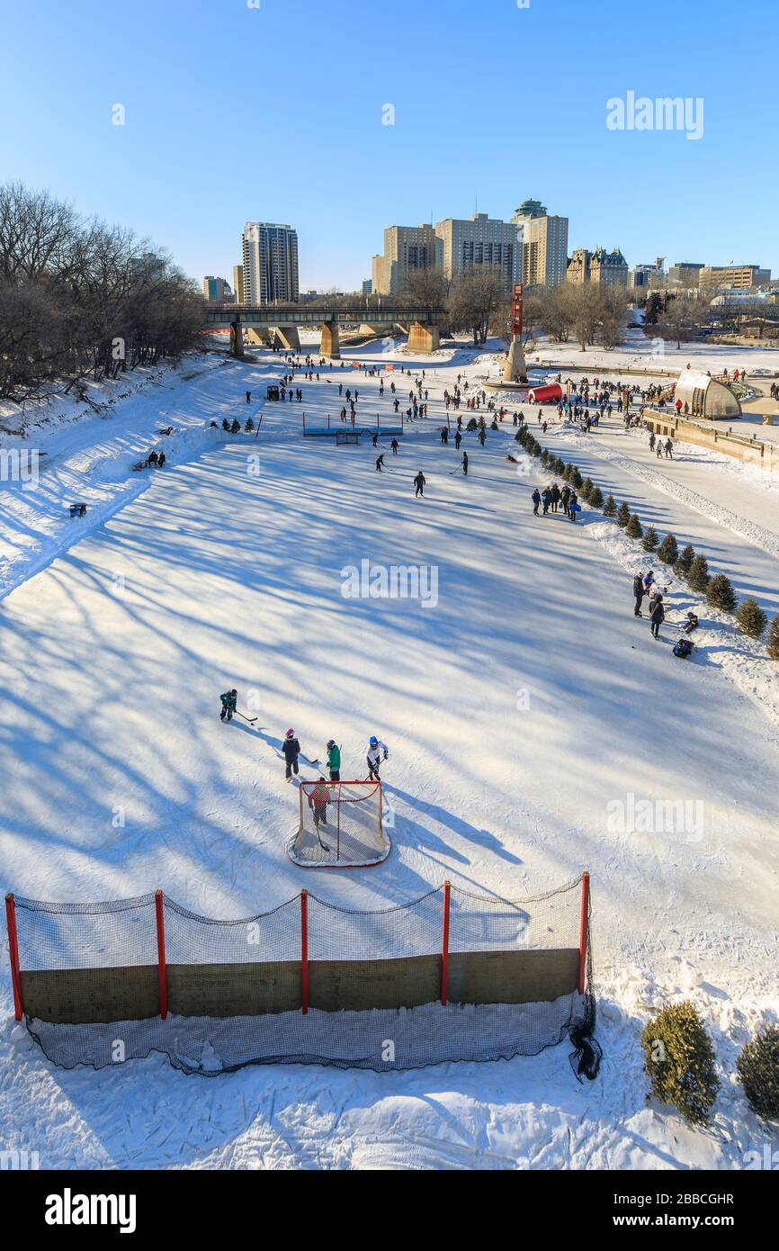 Eishockey auf dem gefrorenen Assiniboine Rver bei The Forks, Winnipeg, Manitoba, Kanada. Stockfoto