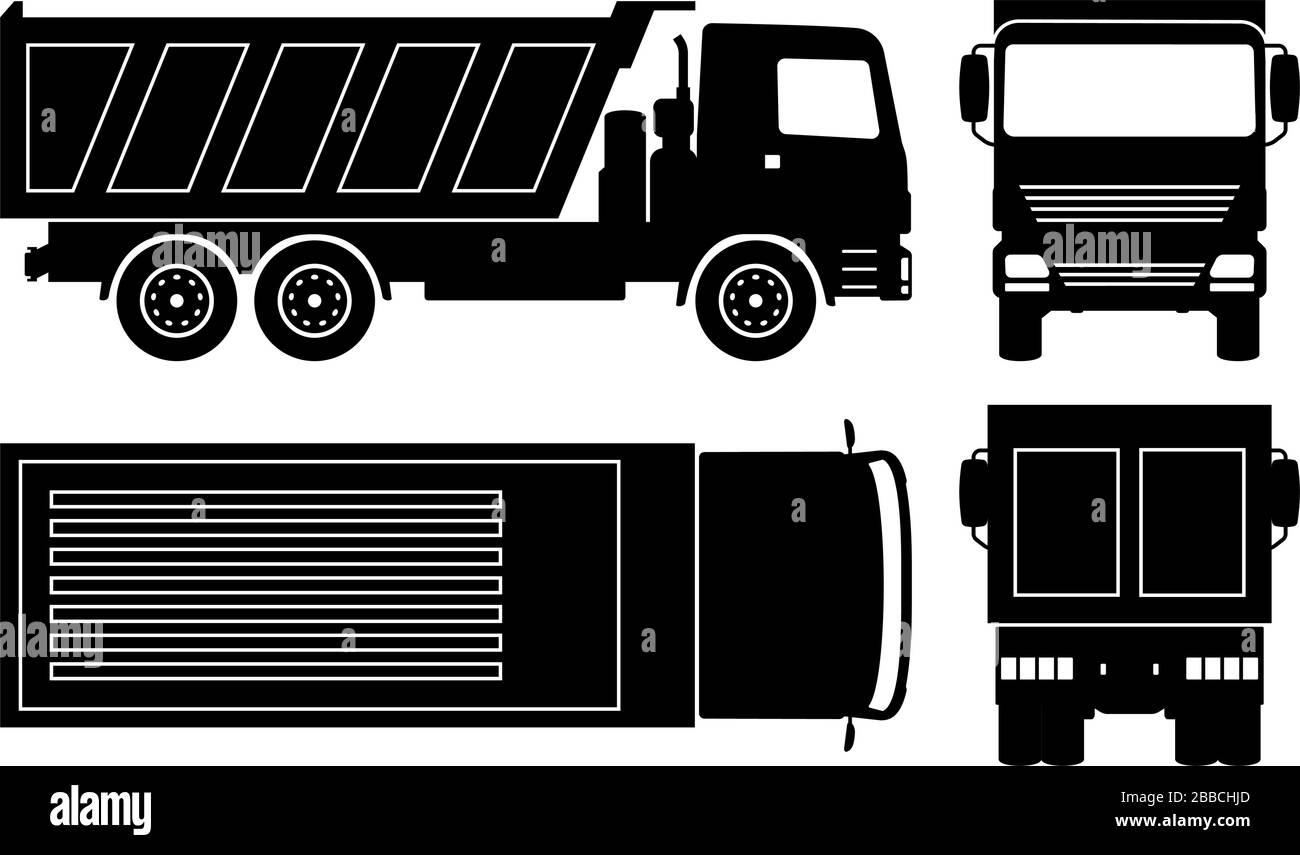 Stapler-Silhouette auf weißem Hintergrund abkippen. Fahrzeugsymbole stellen die Ansicht von Seite, Vorderseite, Rückseite und Oberseite ein Stock Vektor