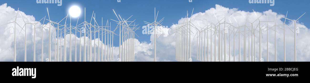 Windturbinenpark Sky. 3D-Rendering Stockfoto