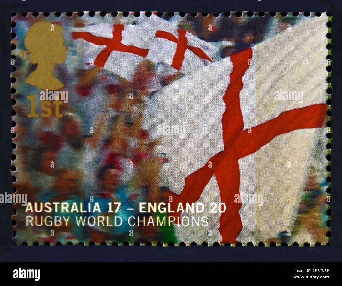 Briefmarke. Großbritannien. Königin Elizabeth II Englands Sieg bei der Rugby-Weltmeisterschaft, Australien. 1. 2003. Stockfoto