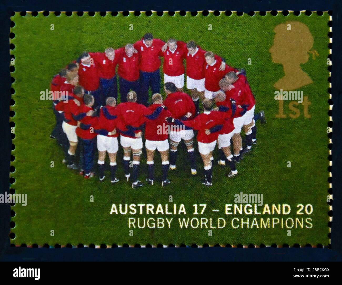 Briefmarke. Großbritannien. Königin Elizabeth II Englands Sieg bei der Rugby-Weltmeisterschaft, Australien. 1. 2003. Stockfoto
