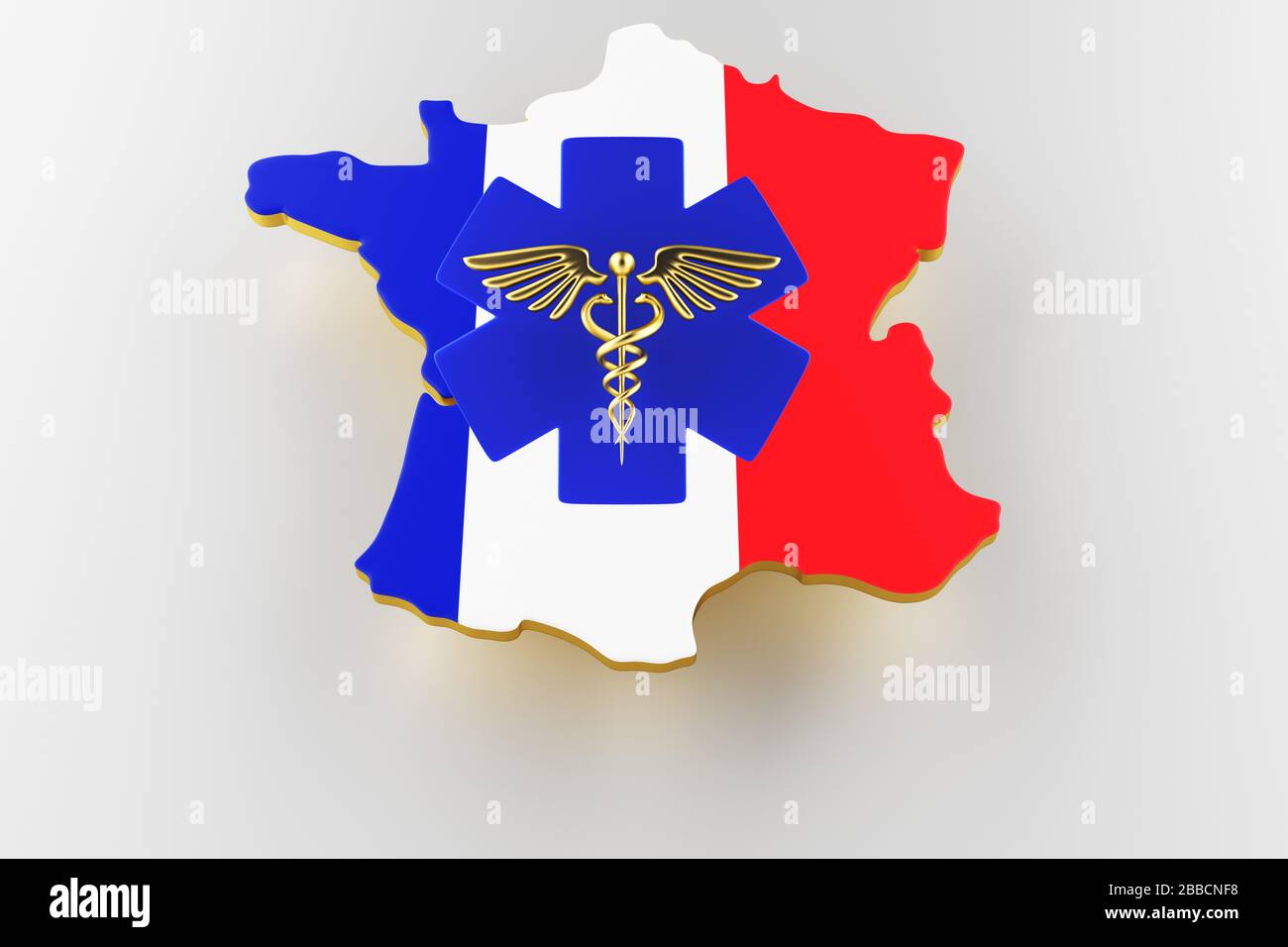 Caduceus Schild mit Schlangen auf einem medizinischen Stern. Karte von Frankreich Landgrenze mit Flagge. Frankreich Karte auf weißem Hintergrund. 3D-Rendering Stockfoto