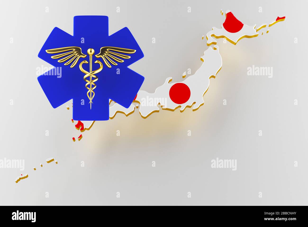 Caduceus Schild mit Schlangen auf einem medizinischen Stern. Karte der Grenze zum Land Japan mit Flagge. Japanische Karte auf weißem Hintergrund. 3D-Rendering Stockfoto
