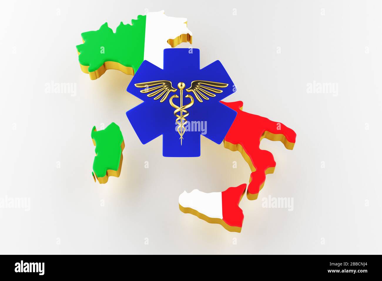 Caduceus Schild mit Schlangen auf einem medizinischen Stern. Karte von Italien Landgrenze mit Flagge. Italien Karte auf weißem Hintergrund. 3D-Rendering Stockfoto