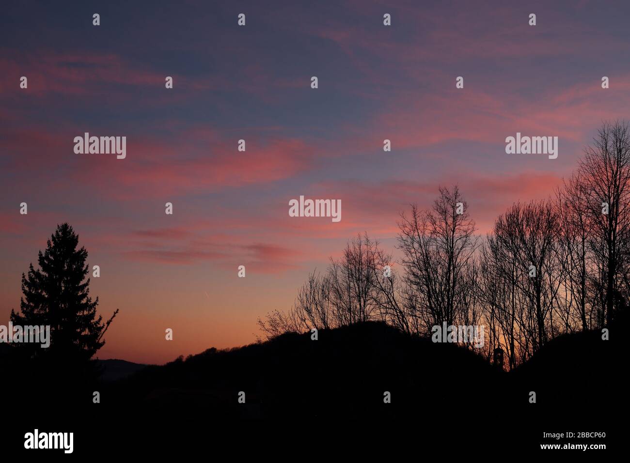 Silhouette von Bäumen bei Sonnenuntergang mit Hügellandschaft Stockfoto
