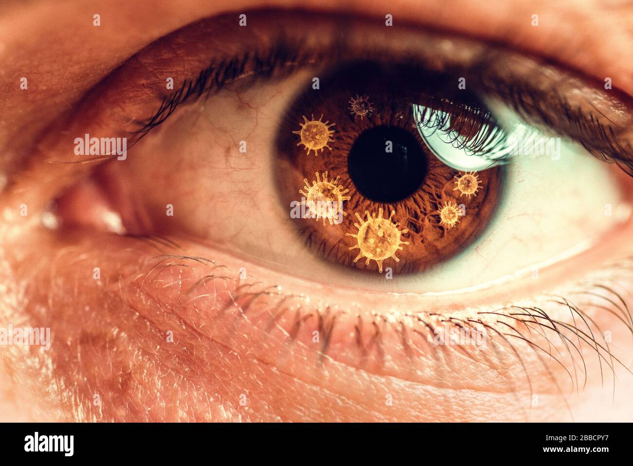 Nahaufnahme, Makrofoto von menschlichem Auge, Iris, Pupille, Augenlippen, Augenlidern. Abstraktes Corona-Virus-Thema Stockfoto