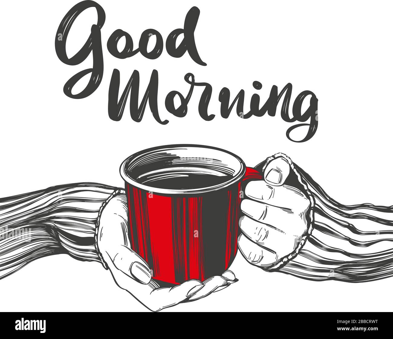 Hände eines Mädchens, das eine Tasse Kaffee, Tee hält, guten Morgen isoliert auf weißem Hintergrund handgezeichnete Vektorgrafiken realistische Skizze. Stock Vektor