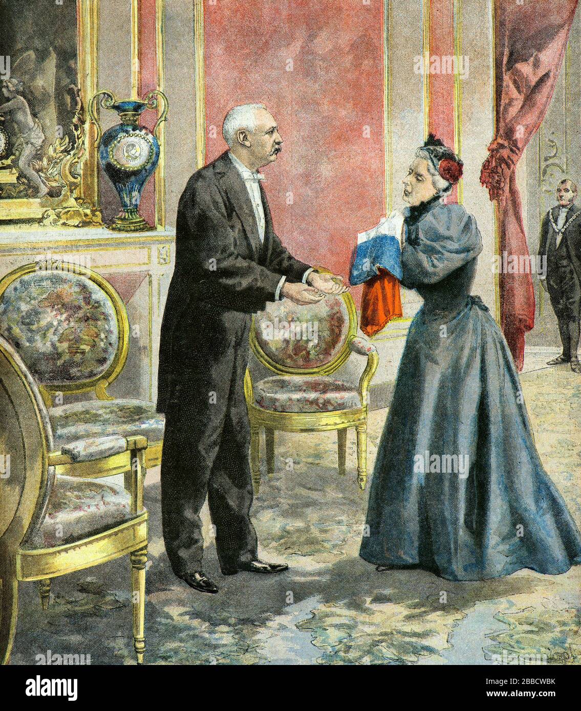 Gravur - die Witwe von Oberst Petitpied gibt dem präsidenten der französischen republik, Herrn Felix Faure, die Fahne des 20. Artillerie-Regiments, das von ihrem Mann während des Krieges von 1870 in der Stadt straßburg gerettet wurde - Privatsammlung Stockfoto
