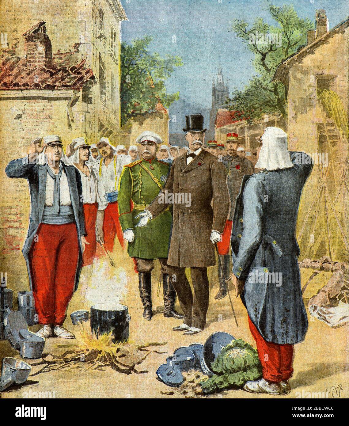 Meyer Henri (* um 1899 in Paris) - der Präsident der französischen Republik, Felix Faure, der an den großen Armeemanövern teilnahm, die die Suppe mit den Soldaten im Jahr 1895 teilen - Privatsammlung Stockfoto