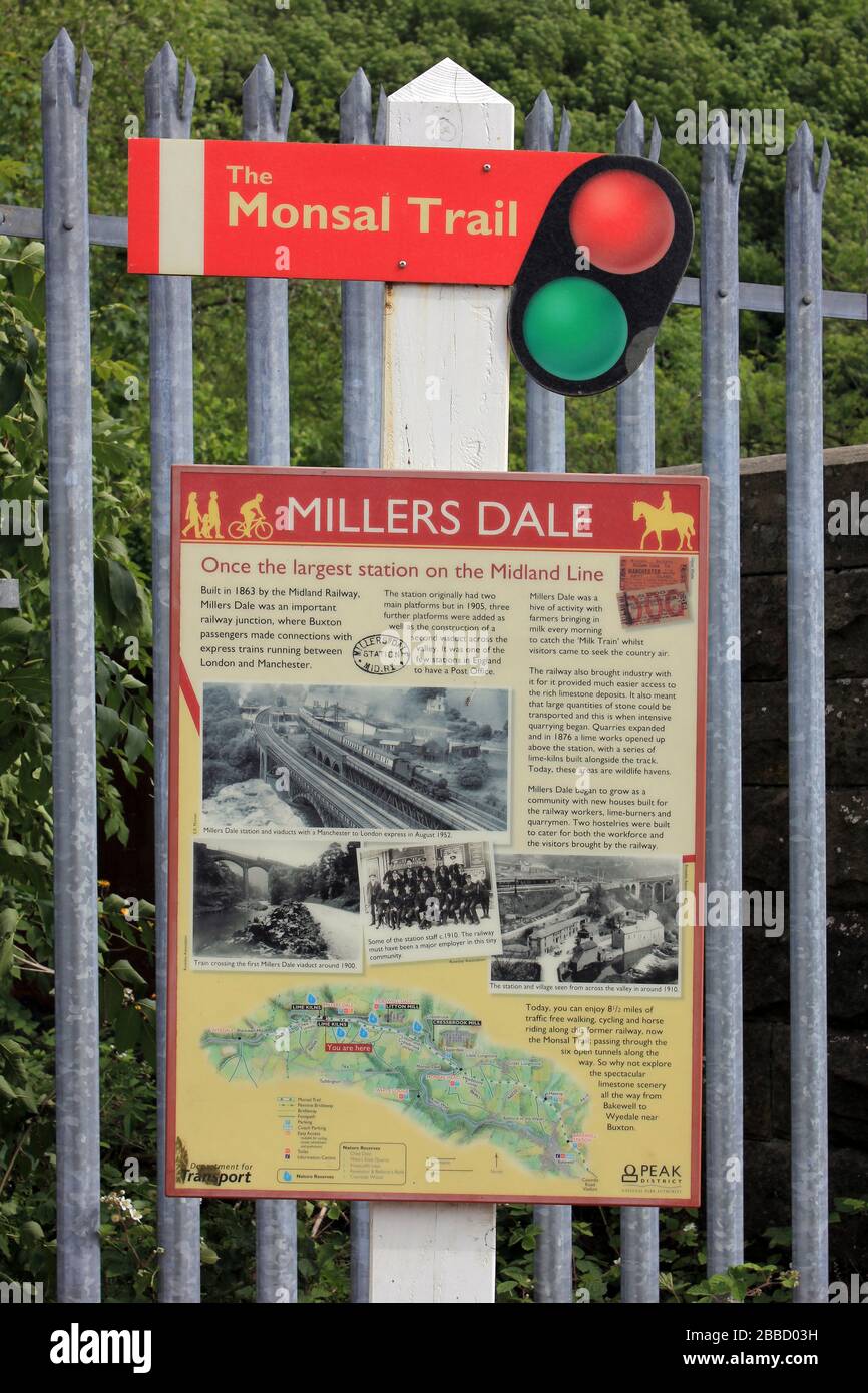 Melden Sie sich am ehemaligen Bahnhof Millers Dale auf dem Monsal Trail, Derbyshire, Großbritannien an Stockfoto