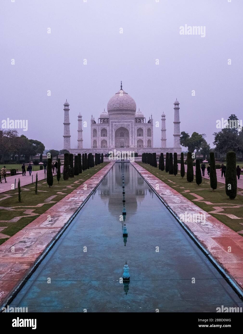 Der Blick auf Taj Mahal an einem nebligen Tag, mit Reflexionen im Wasserbecken. Stockfoto