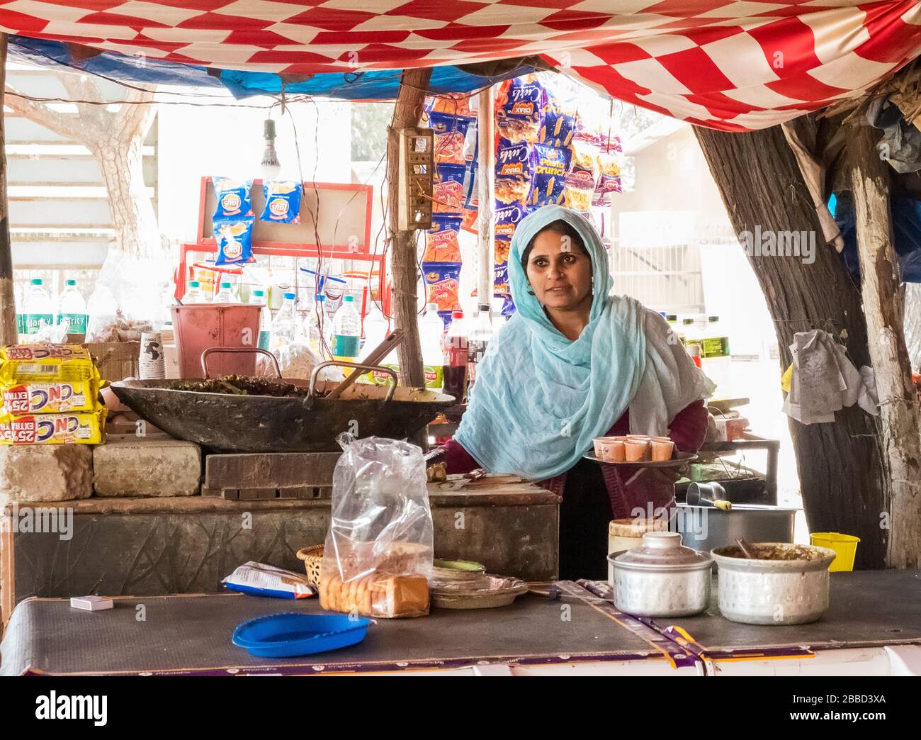 Eine Verkäuferin an einem traditionellen Straßengastronestall in Indien Stockfoto