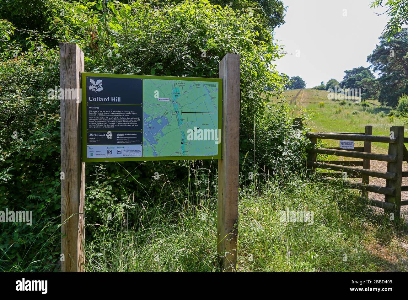 Eine Informationstafel in Collard Hill, Somerset, England, Großbritannien, FOTO VOM ÖFFENTLICHEN FUSSWEG Stockfoto