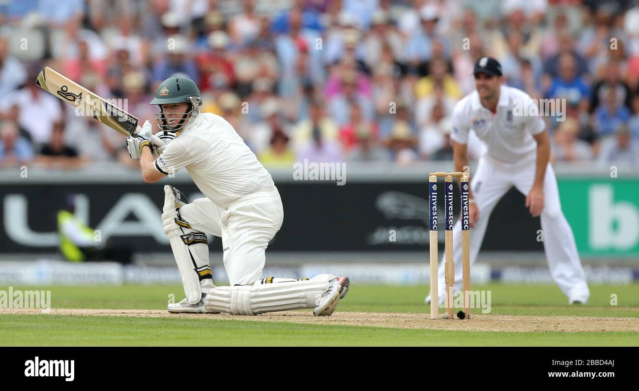 Australien-Schlagmann Chris Rogers während seiner 50 nicht heraus am Tag eins von ihm drittes Investec Ashes Testspiel am Old Trafford Cricket Ground, Manchester. Stockfoto