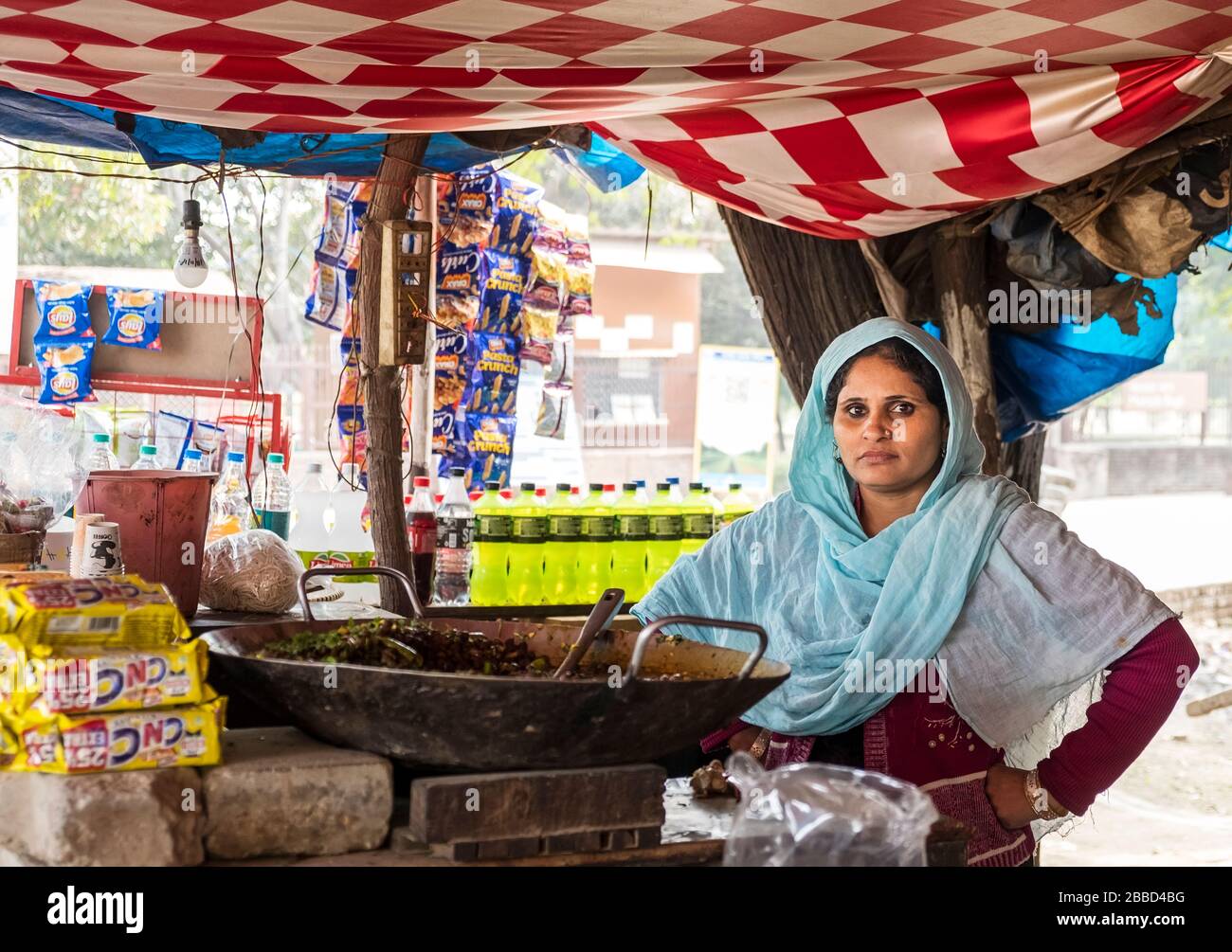 Eine Verkäuferin an einem traditionellen Straßengastronestall in Indien Stockfoto