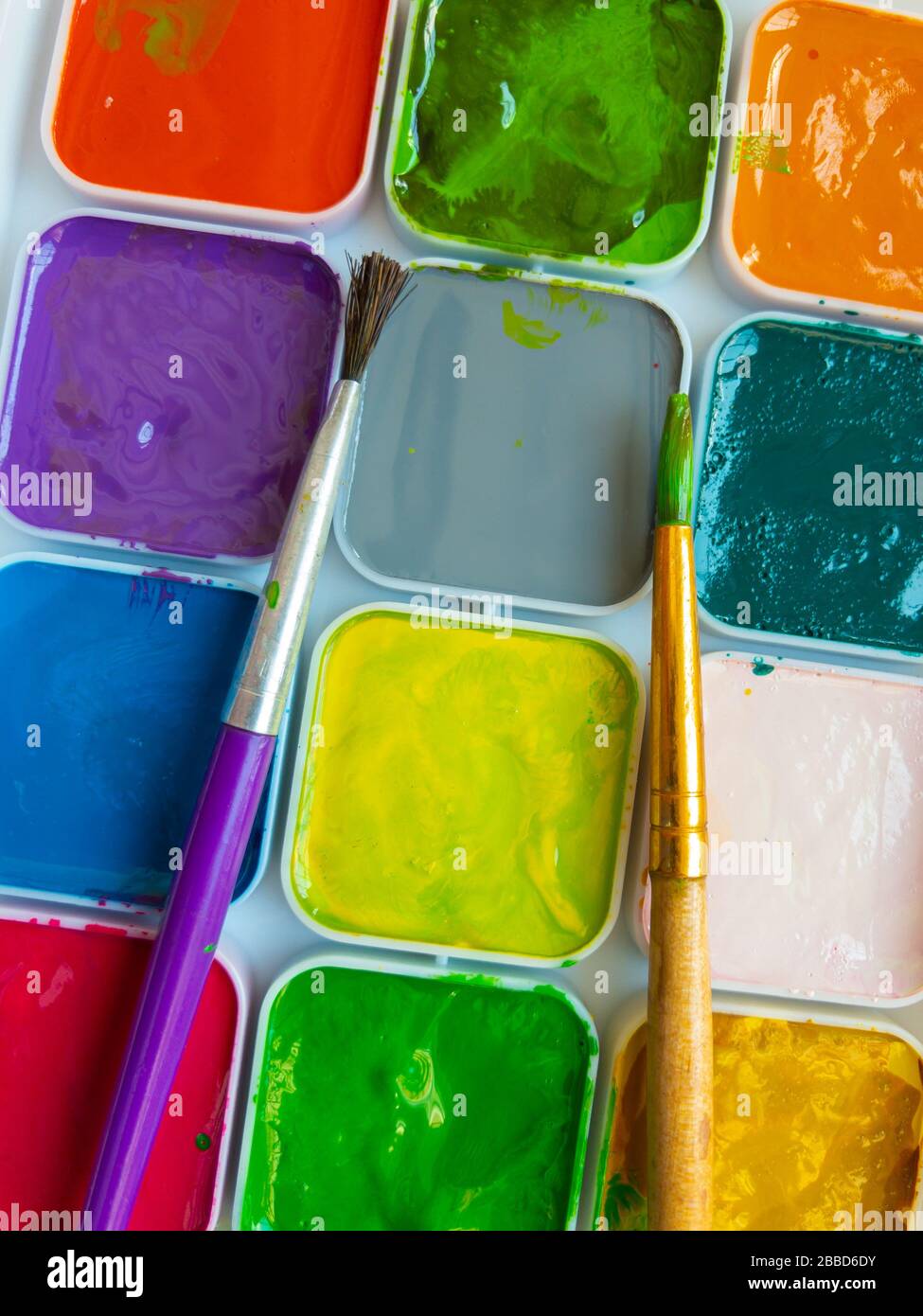 Draufsicht auf zwei Lackpinsel, die auf einer Wasserfarbenpalette für Kinder liegen Stockfoto