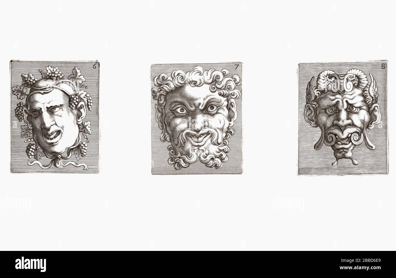 Drei groteske Masken des italienischen Künstlers Adamo Scultori, 1530 - 1585, nach dem italienischen Mitreisenden Giulio Romano, 1499 - 1546. Stockfoto