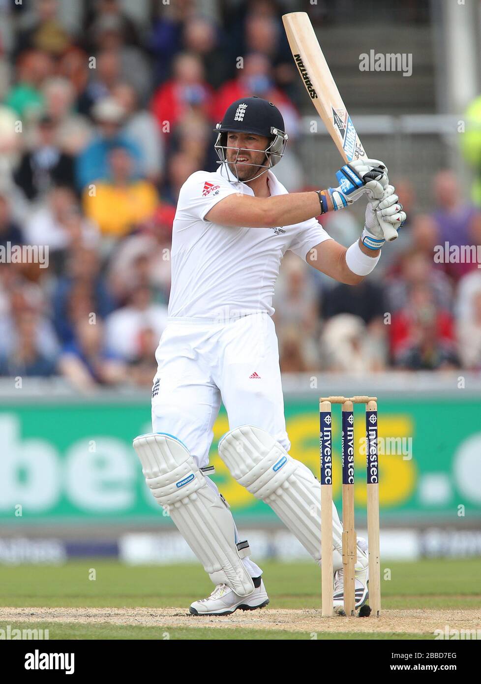 England Schlagmann Matthew Prior erzielt 4 während des vierten Tages des dritten Investec Ashes Testspiels im Old Trafford Cricket Ground, Manchester. Stockfoto