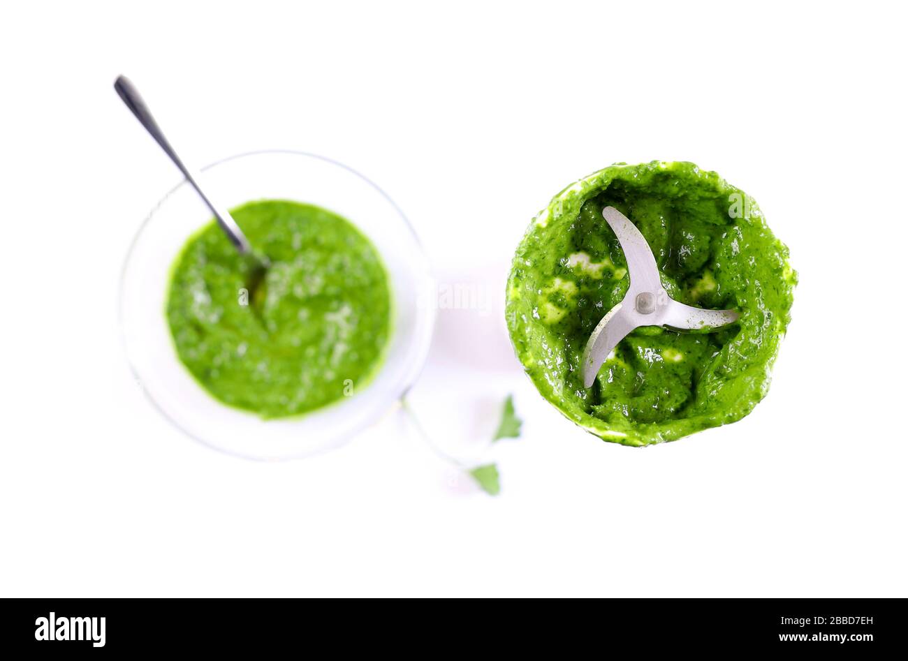 Nahaufnahme des Stabmixers, der in die Petersiliensauce getaucht ist. Weißer Hintergrund mit einer Glasschale mit Petersiliensauce. Draufsicht. Stockfoto
