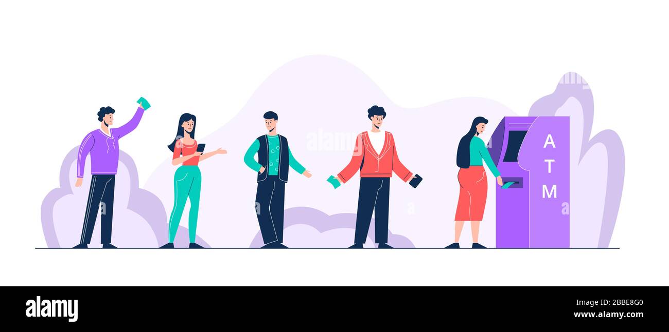 Cartoon positive Menschen stehen in der Warteschlange zu atm Vector Flat-Illustration Stock Vektor