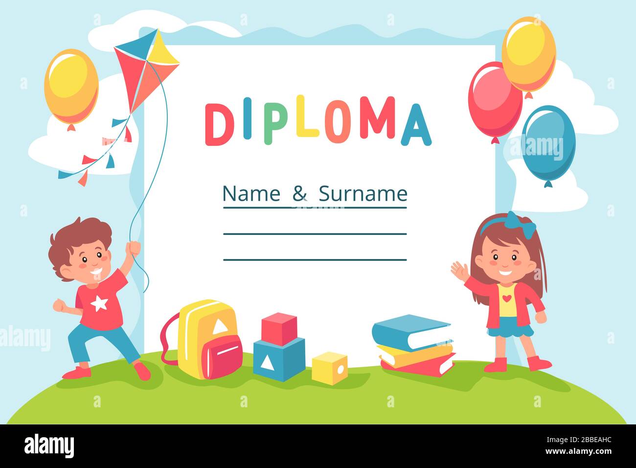 Cartoon bunte Vorschule oder Schulkind Diplomvorlage Vektor-Grafik Illustration Stock Vektor