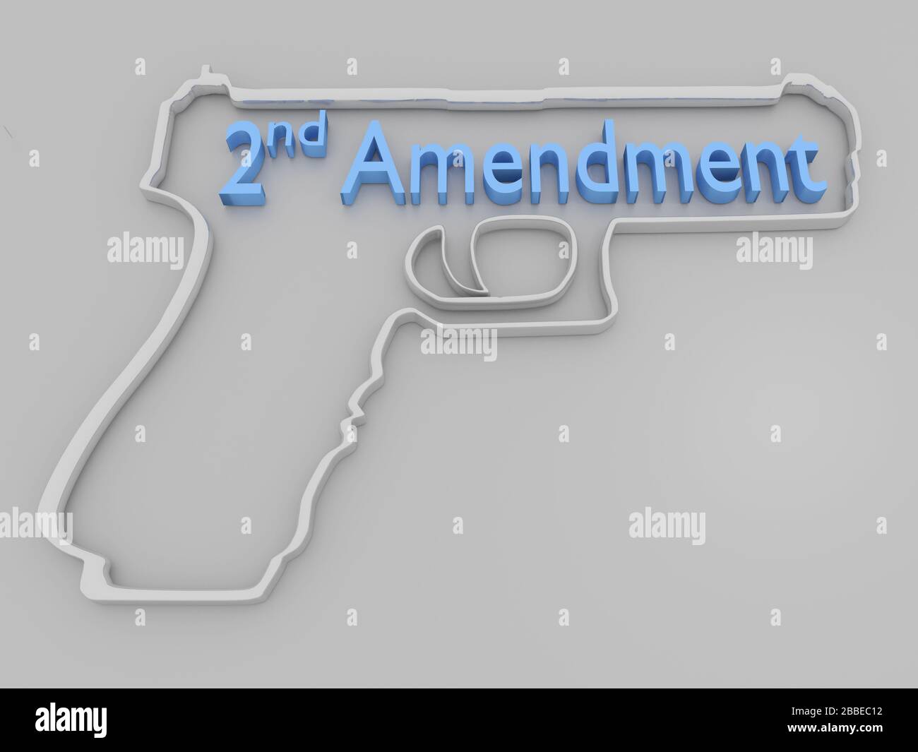 3D-Abbildung des Titels "2nd Amendment" innerhalb der Gun Silhouette, isoliert über grauem Hintergrund. Stockfoto