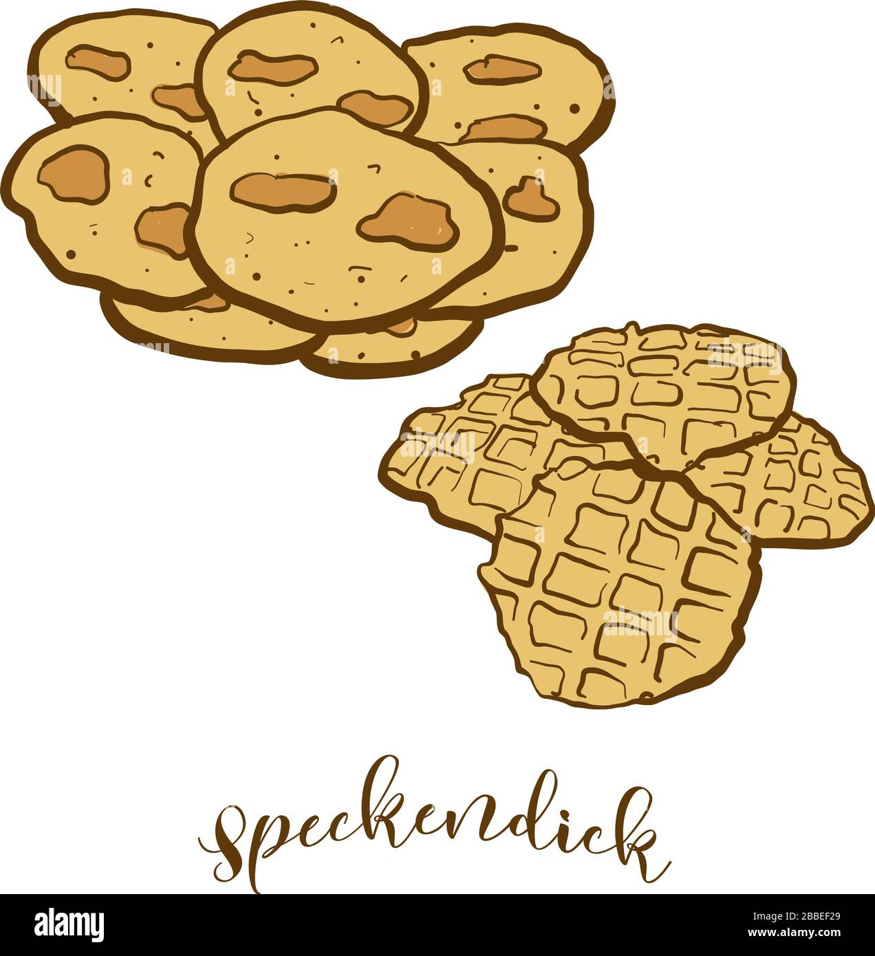 Farbige Zeichnung von Speckendick Brot. Vektorgrafiken von Pfannkuchen-Lebensmitteln, die in Deutschland, Ostfriesland, meist bekannt sind. Bunte Brotskizzen. Stock Vektor