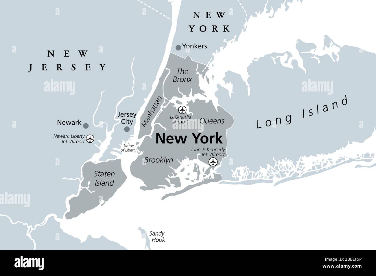 New York City graue politische Karte. Bevölkerungsreichste Stadt der Vereinigten Staaten im Bundesstaat New York. Manhattan, Bronx, Queens, Brooklyn, Staten Island. Stockfoto