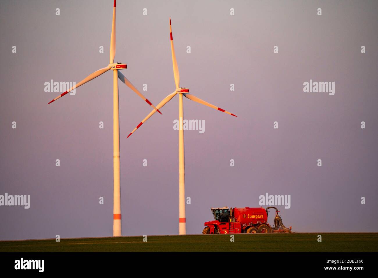 Traktor, der im Frühjahr ein Feld arbeitet, Gärrückstände, Restslurry aus Biogasanlagen, auf Getreidefeldern, rheinisches Braunfeld, Germa Stockfoto