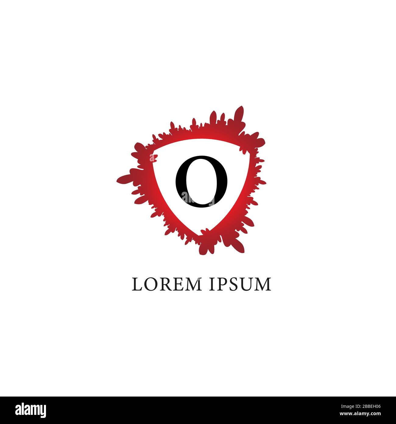 Designvorlage für das Logo des Buchstaben-O-Alphabets. Blutspritzer mit Schildform in der Mitte. Erstes abjad Logo Konzept isoliert auf weißem Hintergrund. Stock Vektor