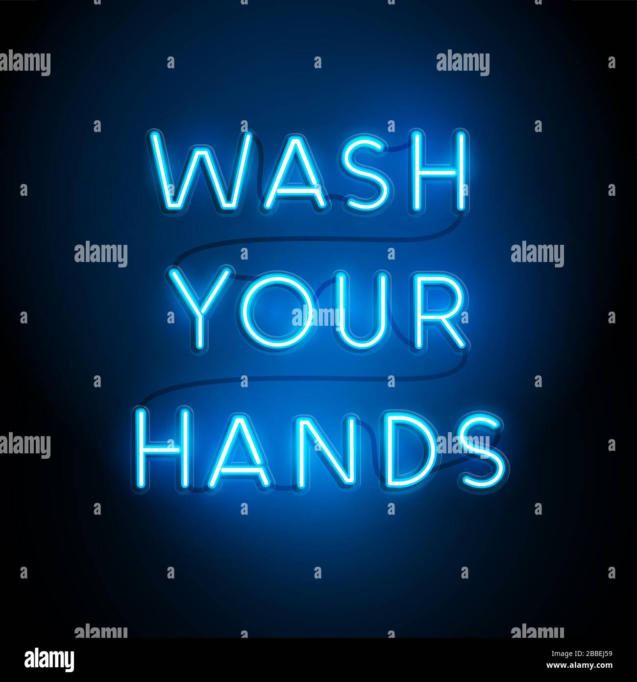 Waschen Sie Ihre Hände blaues Neon-Buchstaben-Zeichen. Vektorgrafiken Stock Vektor