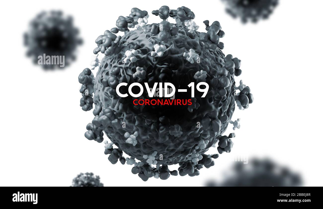 Covid-19 das Coronavirus, das 2020 eine globale Pandemie auslöste. Hintergrunddarstellung des 3D-Virus Stockfoto