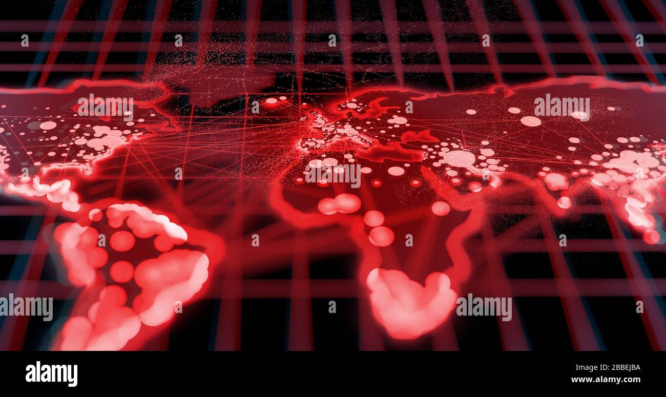 Eine globale Weltkarte mit Visualisierungsdaten - Covid-19 Coronavirus - zeigt die Ausbreitung des Ausbruchs. 3D-Abbildung. Stockfoto