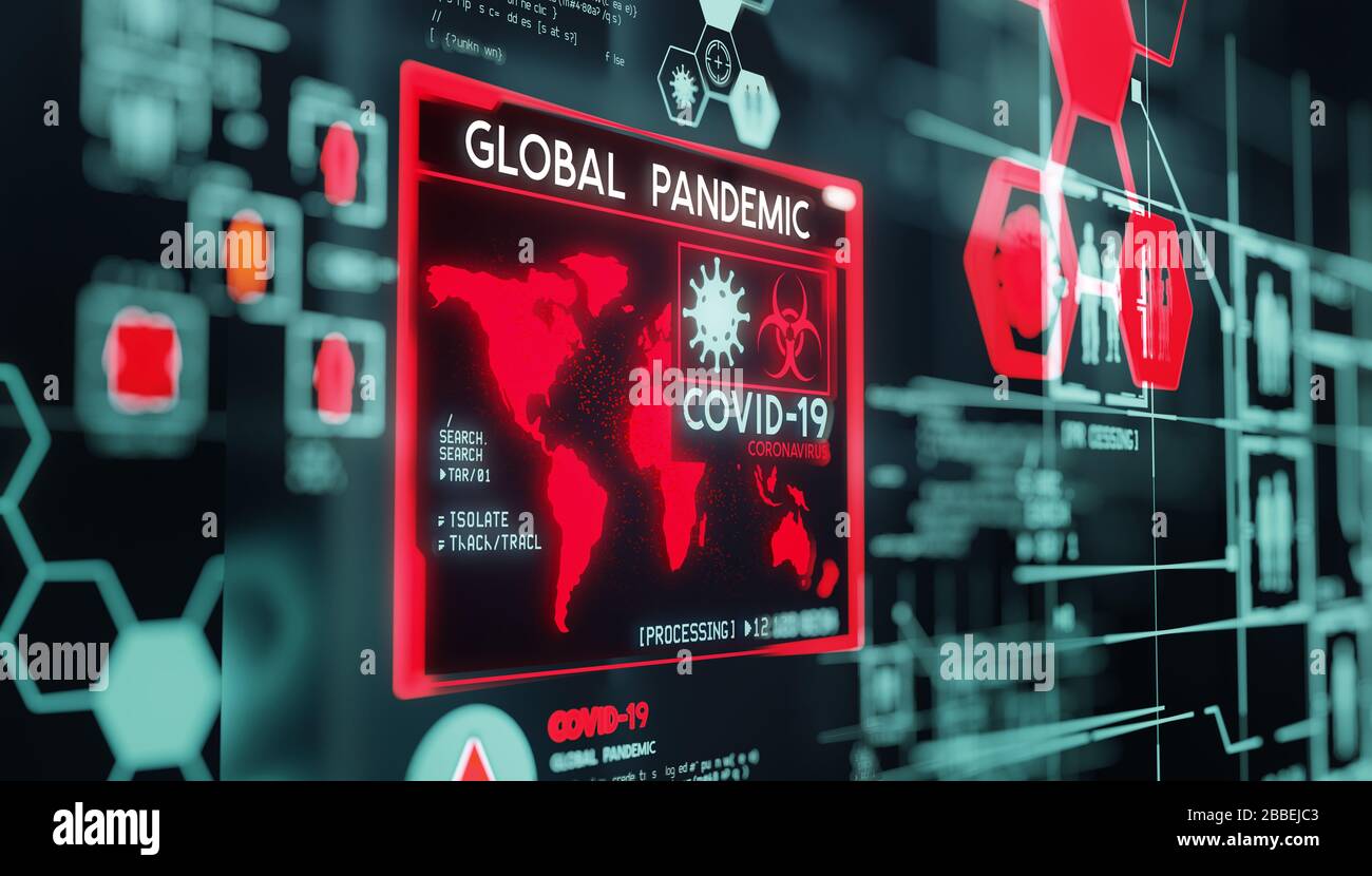 Covid-19 Coronavirus, Datenvisualisierung des Virus, wenn es zu einer globalen Pandemie wird. 3D-Abbildung. Stockfoto