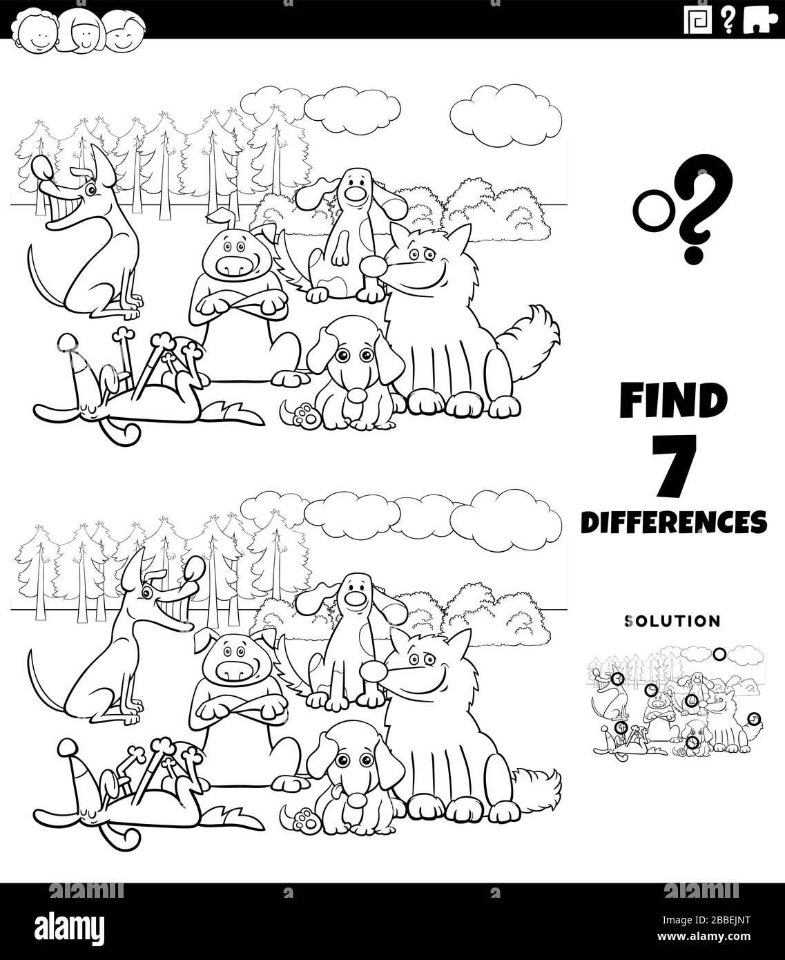 Schwarz-Weiß Cartoon Illustration des Auffindens von Unterschieden zwischen Bildern Bildspiel für Kinder mit lustigen Comic-Dogs Figuren Gruppe Colo Stock Vektor