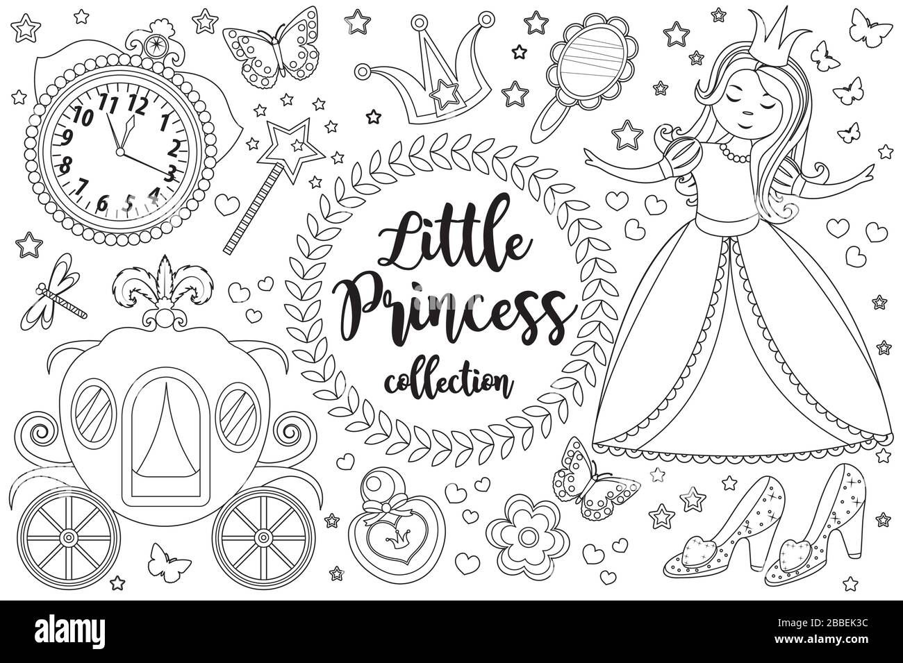 Süße kleine Prinzessin Cinderella Set Buchseite für Kinder. Sammlung von Skizzenumrissstil für Designelemente. Kinder Babyclip sind lustig lächelnd Stock Vektor
