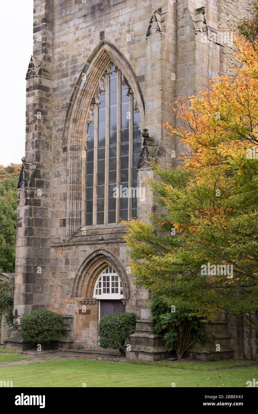 Sheffield, Großbritannien - 21. Oktober 2016: Beauchef Abbey und die flammenden orangefarbenen Blätter eines Herbstbaums in der Beauchef Abbey Lane Stockfoto