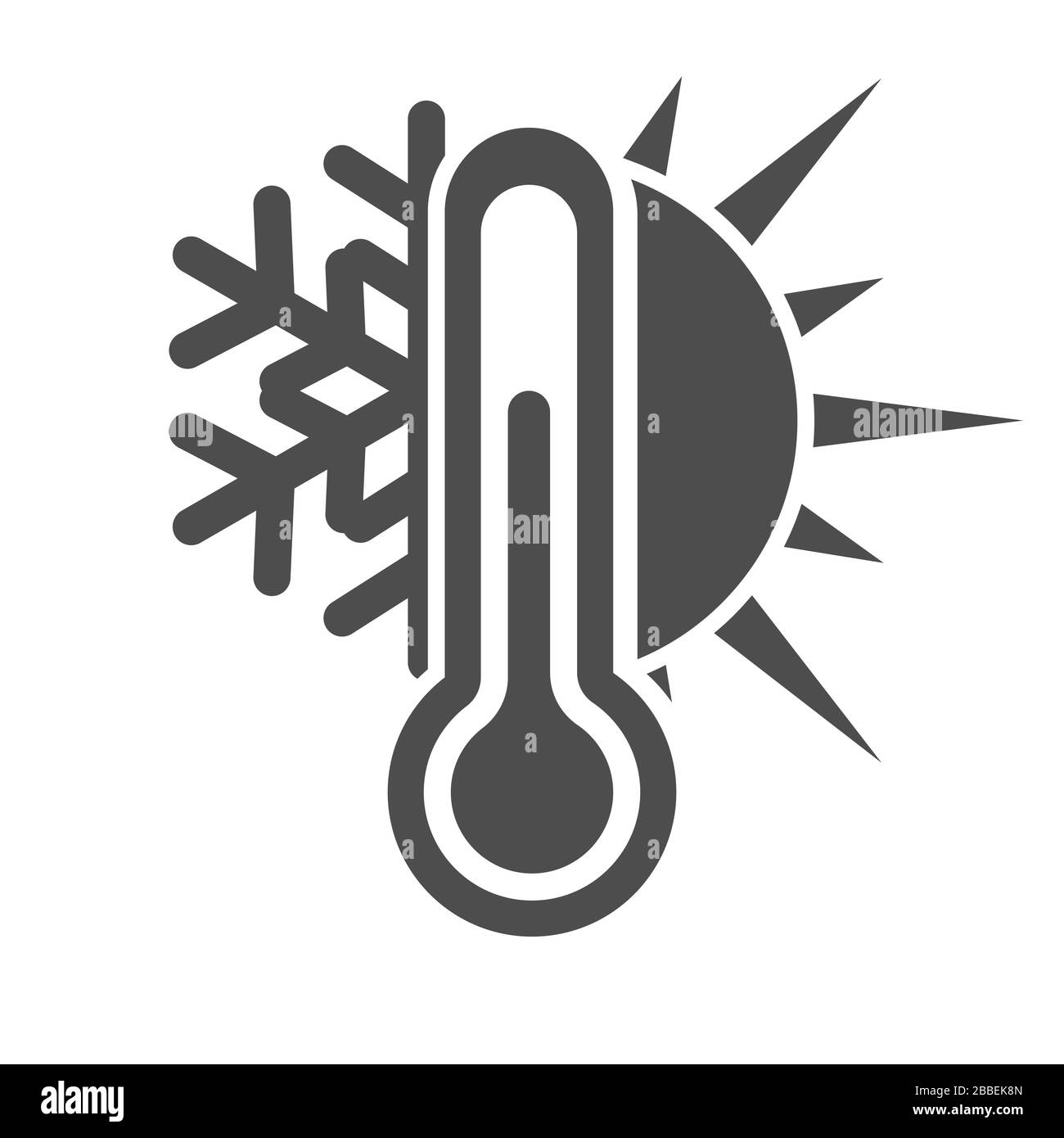 Thermometersymbol mit Schneeflocke und Sonne. Kaltes oder warmes Wetter. Einfache Abbildung von flachen Vektorgrafiken. Stock Vektor