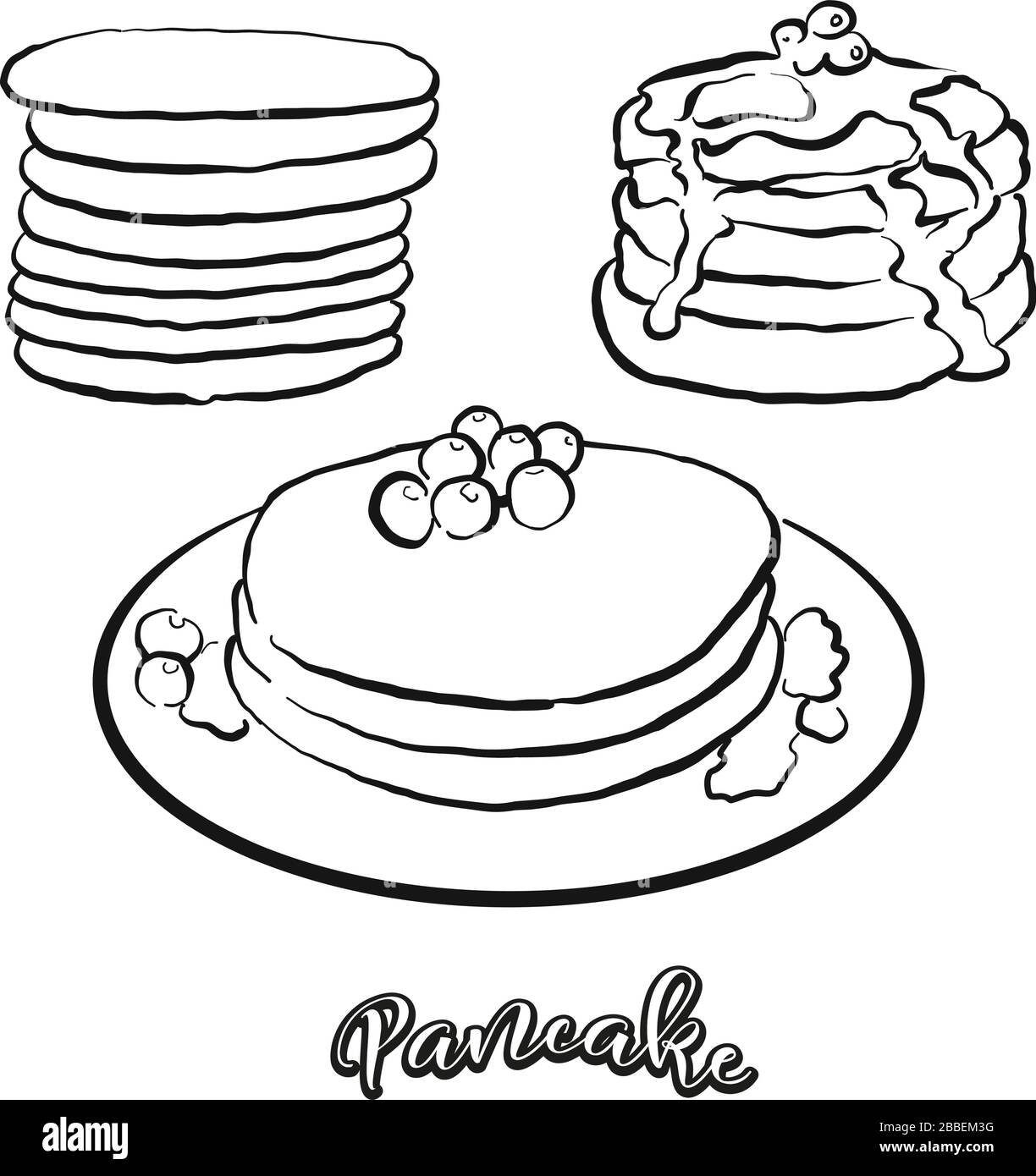 Pfannkuchen-Essenskizze auf Weiß abgegrenzt. Vektorzeichnung von Pancake, in Griechenland meist bekannt. Lebensmittel-Illustration-Serie. Stock Vektor