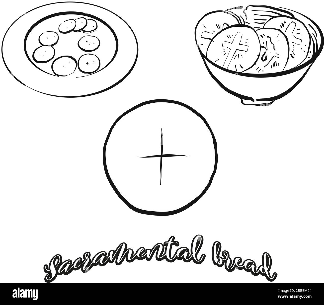 Sakramentale Brotnahrungsskizze getrennt auf Weiß. Vektor-Zeichnung von knusprigem Brot, das in Griechenland, Rom, normalerweise bekannt ist. Lebensmittel-Illustration-Serie. Stock Vektor