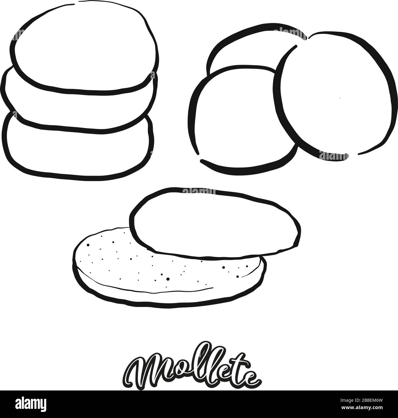 Mollete Essenskizze auf Weiß getrennt. Vektor-Zeichnung von Fladenbrot, Weiß, normalerweise in Andalusien, Spanien bekannt. Lebensmittel-Illustration-Serie. Stock Vektor