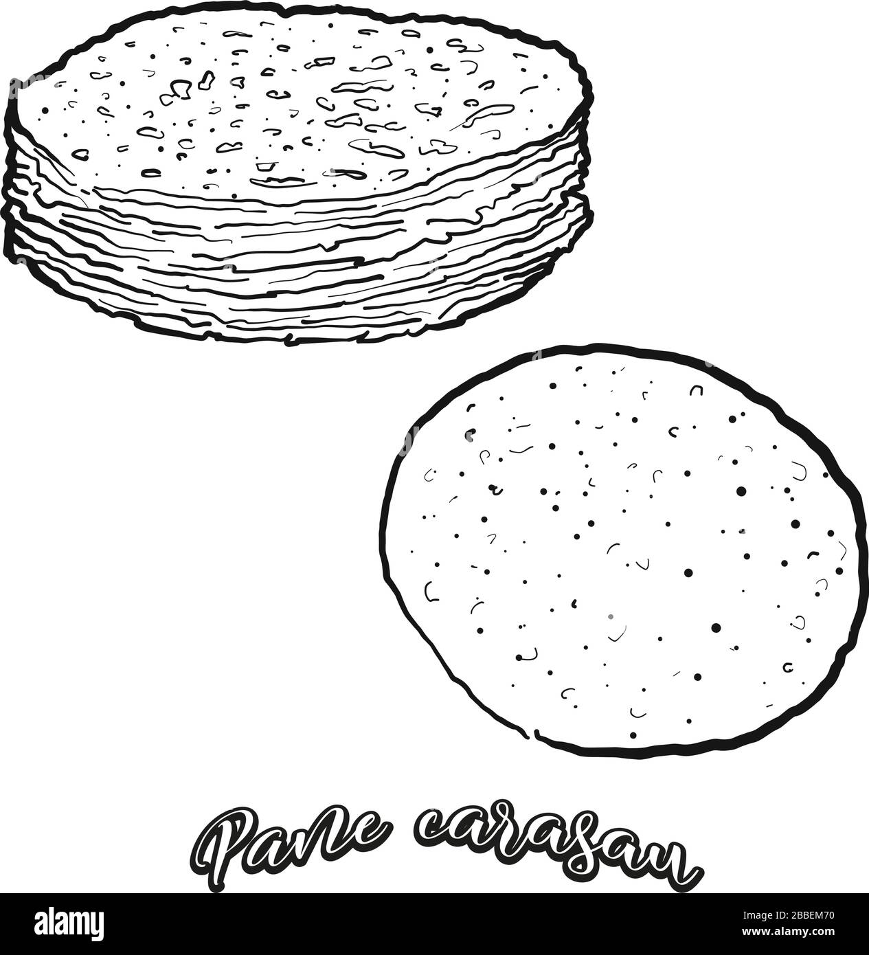 Pan-Karasau-Essenskizze in Weiß getrennt. Vektor-Zeichnung von Fladenbrot, in der Regel auf Sardinien bekannt. Lebensmittel-Illustration-Serie. Stock Vektor