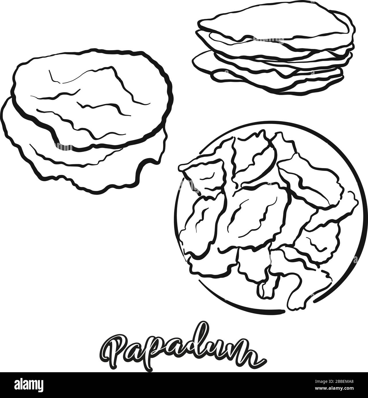Papadum-Essenskizze auf Weiß abgegrenzt. Vektorzeichnung von Fladenbrot, in Indien meist bekannt. Lebensmittel-Illustration-Serie. Stock Vektor