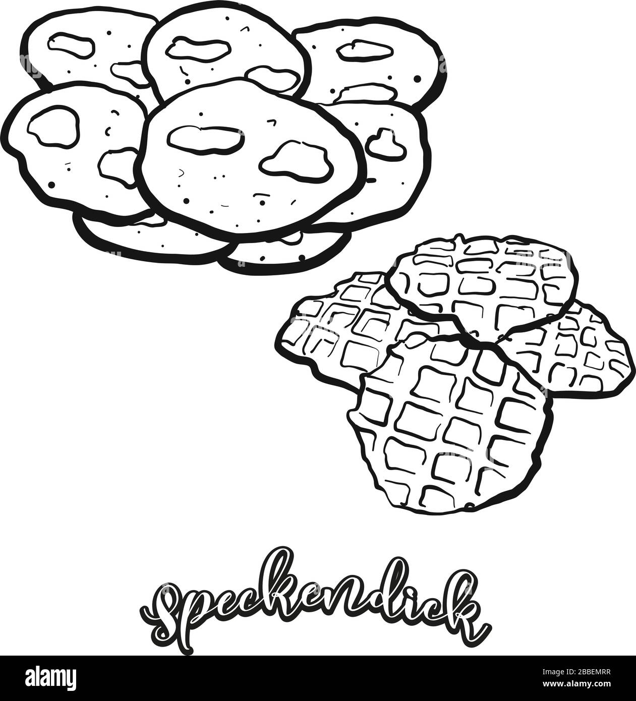 Speckendick Essenskizze auf Weiß abgegrenzt. Vektorzeichnung von Pancake, in Deutschland meist bekannt, in Ostfriesland. Lebensmittel-Illustration-Serie. Stock Vektor