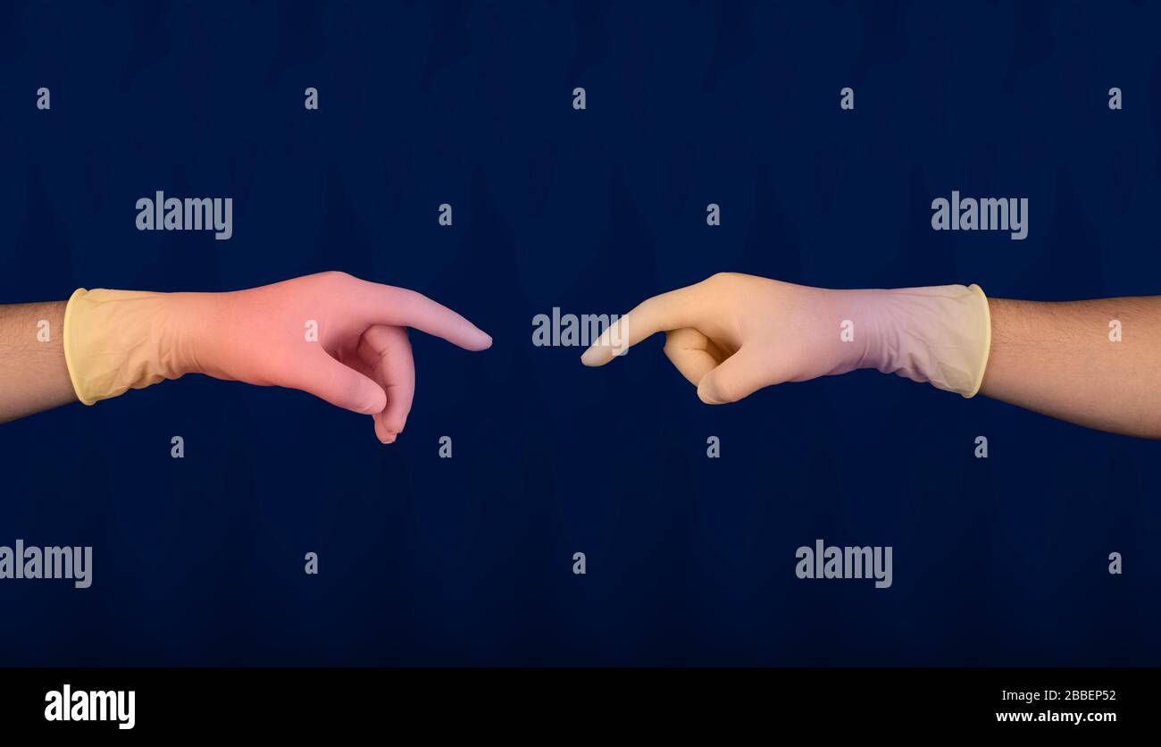 Hände, die medizinische Handschuhe tragen, berühren sich mit Copy-Space, Corona-Virus-Konzept Stockfoto Hände, die medizinische Handschuhe tragen, berühren sich mit Copy-Space, Corona-Virus-Konzept Stockfoto